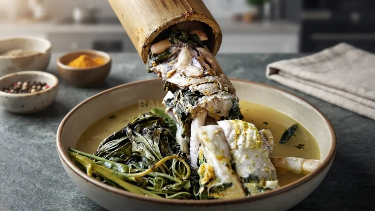 Pansuh Dayak Kalimantan Barat menghadirkan teknik memasak bambu dengan ayam, ikan, dan sayuran tradisional khas (BTV/AI)
