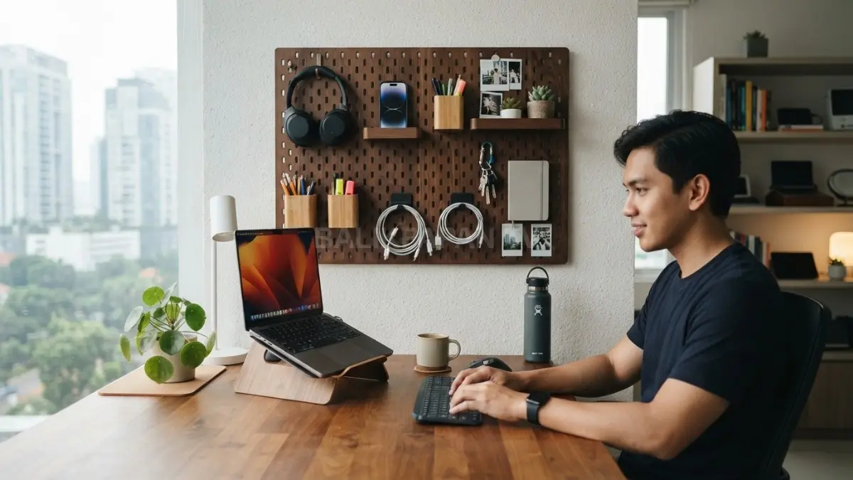 Pegboard di atas meja belajar menyimpan alat tulis, headset, charger, dan perlengkapan kerja harian secara terorganisir. (BTV/AI)