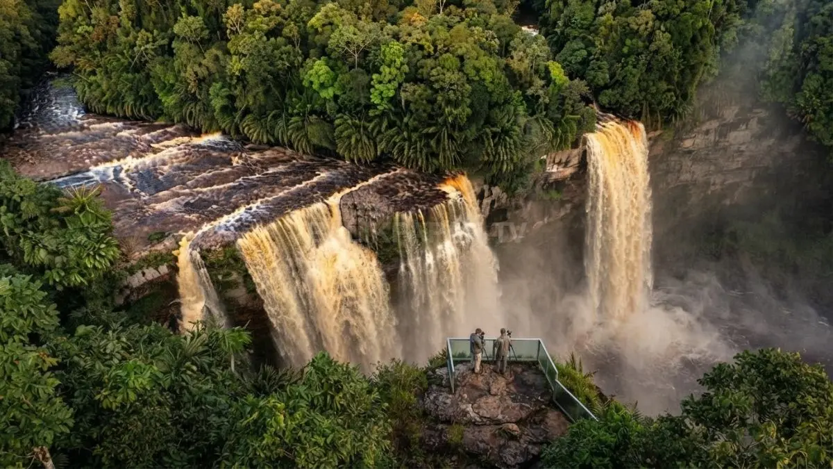 Pemandangan megah Air Terjun Nokanayan yang menjulang tinggi di tengah rimbunnya hutan belantara Kalimantan yang hijau dan asri. (BTV/Ai)