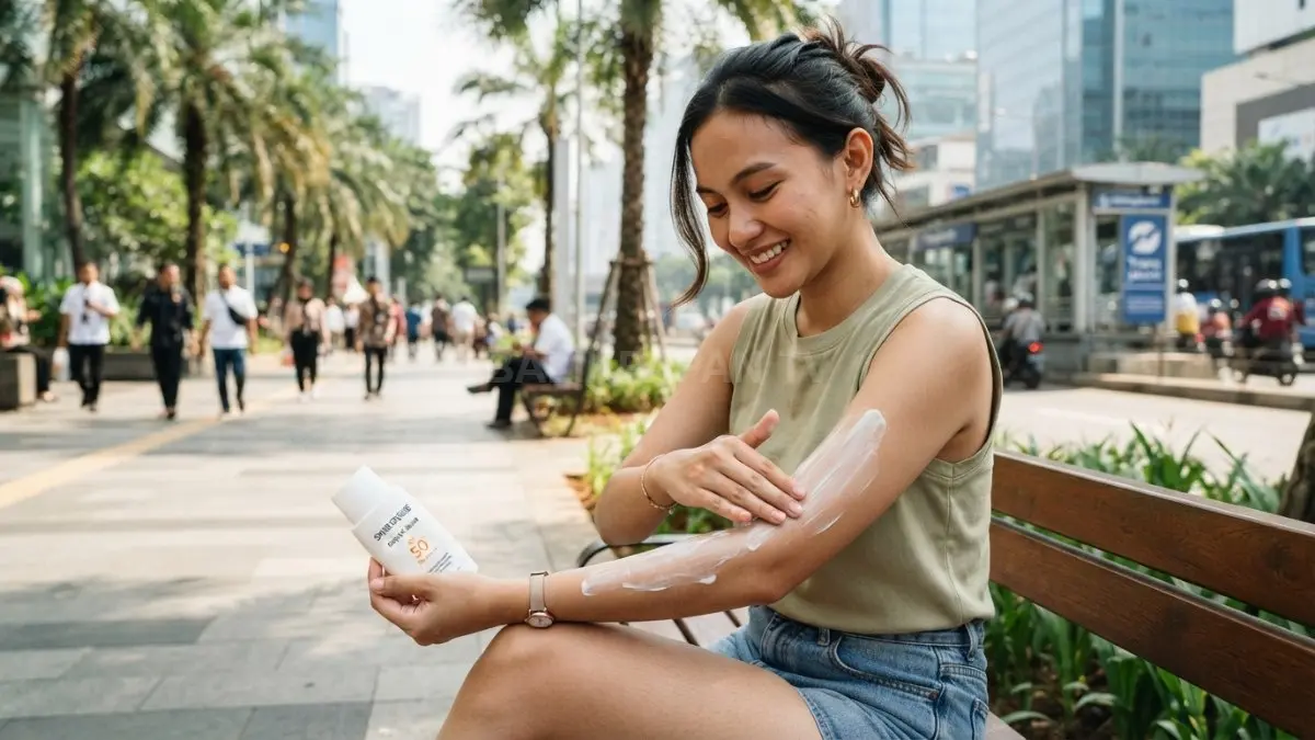 Penggunaan sunscreen saat aktivitas luar ruangan menjaga kulit dari kerusakan akibat sinar ultraviolet. (BTV/AI)