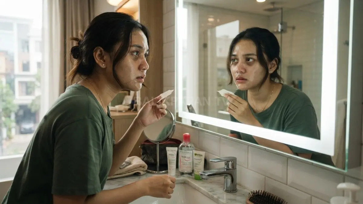 Perempuan memeriksa wajah berminyak di depan cermin setelah beberapa jam mencuci muka. (BTV/AI)