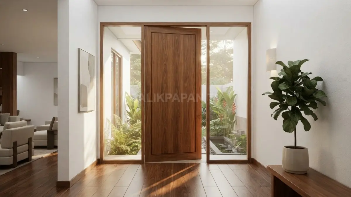 Perpaduan pintu kaca dan kayu menghadirkan hunian yang hangat, terang, dan berkarakter setiap hari bersama keluarga. (BTV/AI)