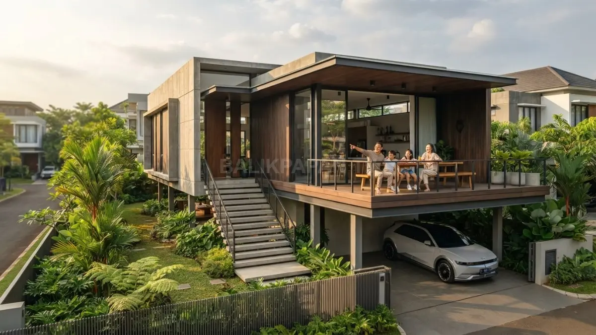 Perpaduan rumah modern dengan konsep rumah panggung sebagai inspirasi hunian adaptif tahun 2026. (BTV/AI)