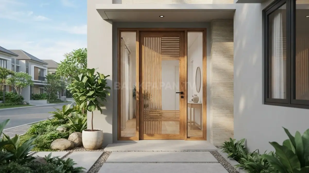 Pintu kayu berpola kisi dengan kaca menghadirkan tampilan Japandi yang hangat dan elegan bersama keluarga setiap hari. (BTV/AI)