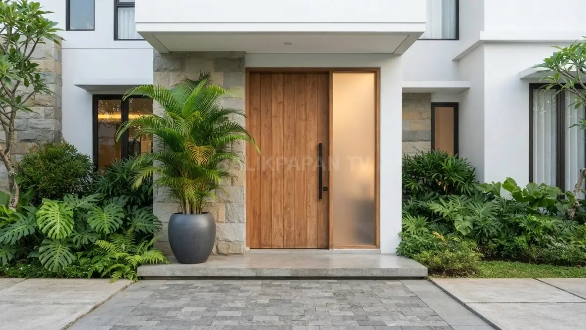 Pintu utama berkaca buram memungkinkan cahaya masuk tanpa memperlihatkan aktivitas di dalam rumah bersama keluarga. (BTV/AI)