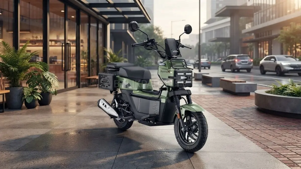 Potret tampak motor matic petualang dengan lampu utama LED berbentuk kotak yang ikonik.(BTV/AI) 