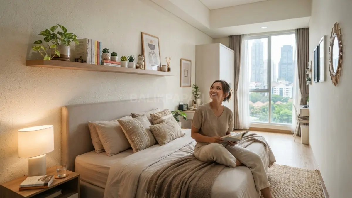 Rak dinding melayang di atas tempat tidur dimanfaatkan untuk buku, tanaman kecil, dan dekorasi tanpa mengurangi ruang lantai. (BTV/AI)