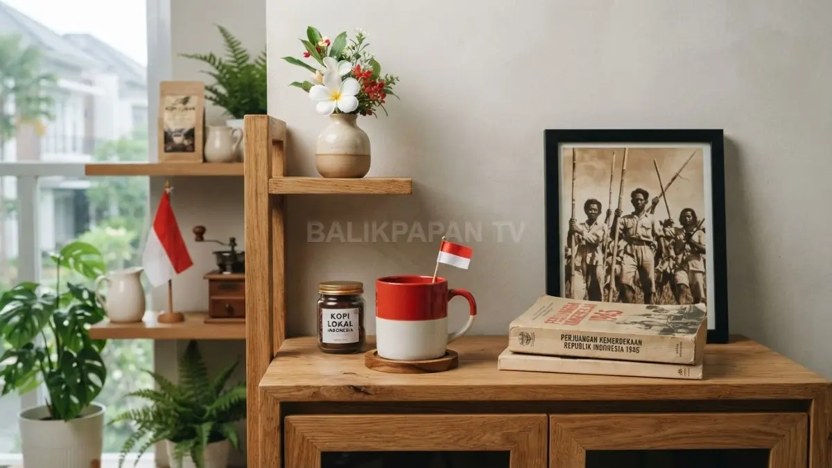 Rak kayu natural, cangkir merah putih, dan vas bunga sederhana mempercantik sudut kopi bertema kemerdekaan di rumah. (BTV/AI)