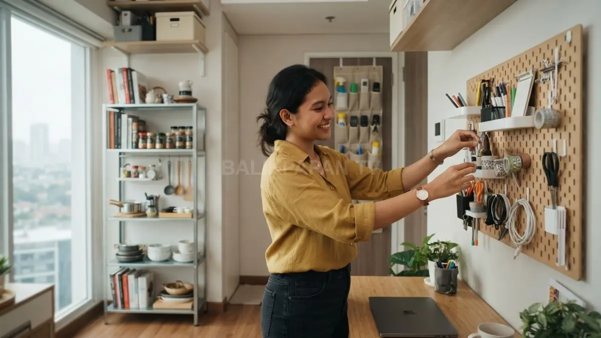Rak vertikal dan pegboard membantu menata barang menumpuk agar rumah kembali rapi, nyaman, dan fungsional (BTV/AI)
