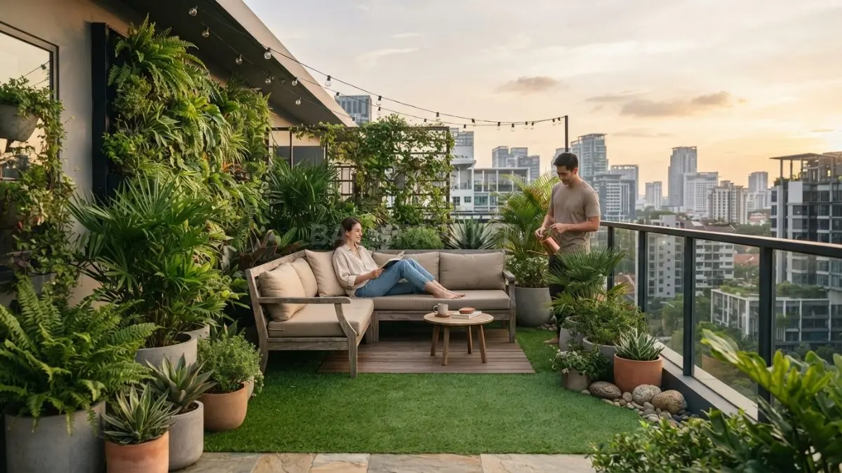 Rooftop rumah minimalis dihiasi taman hijau sederhana menciptakan ruang multifungsi yang sejuk, nyaman, dan menarik (BTV/AI)
