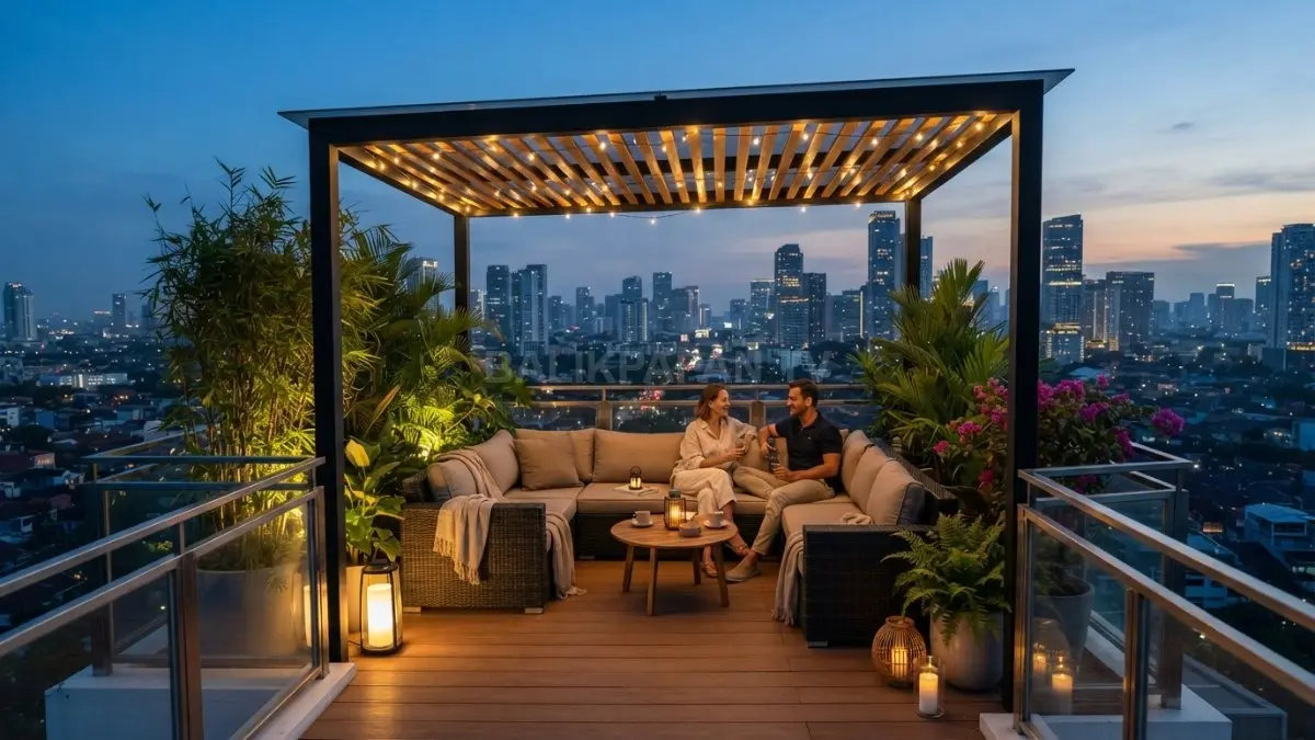 Rooftop rumah minimalis disulap menjadi ruang multifungsi nyaman dengan furnitur outdoor dan pencahayaan hangat elegan (BTV/AI)
