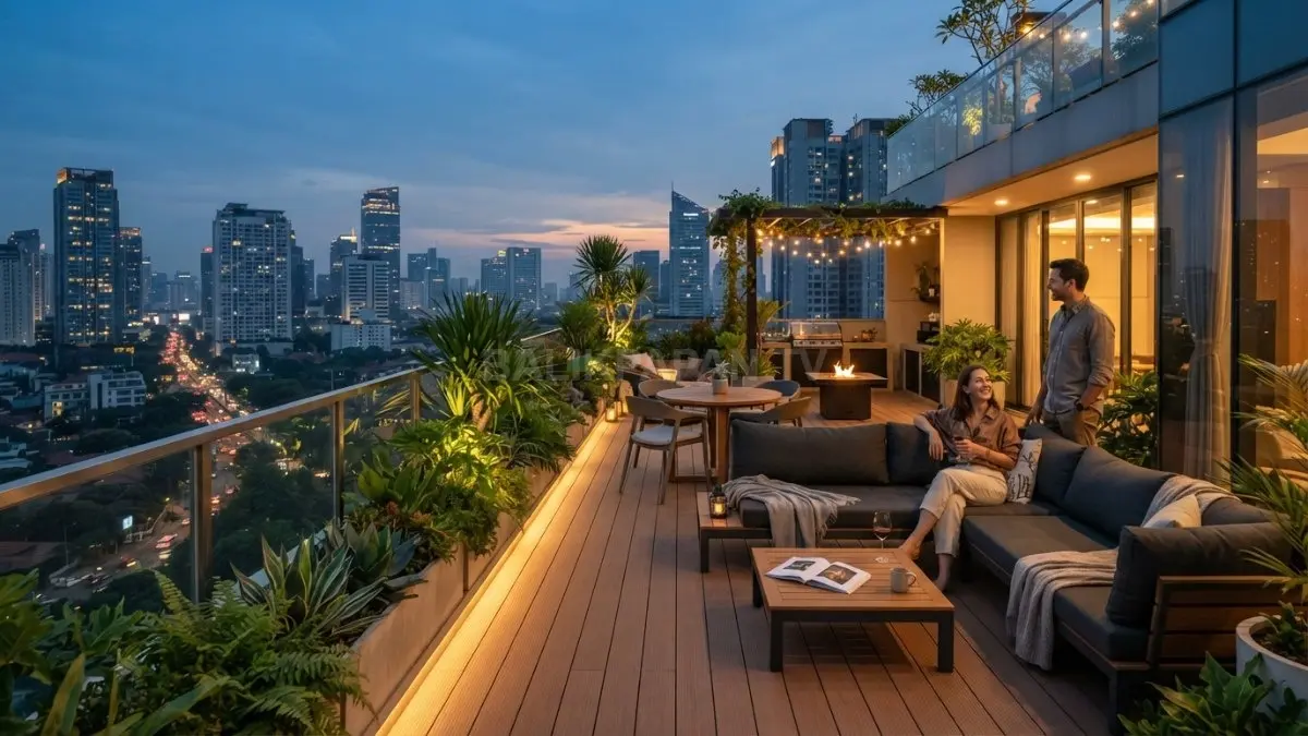 Rooftop rumah minimalis menghadirkan taman hijau, area duduk nyaman, dan pencahayaan hangat multifungsi menarik sepanjang (BTV/AI)
