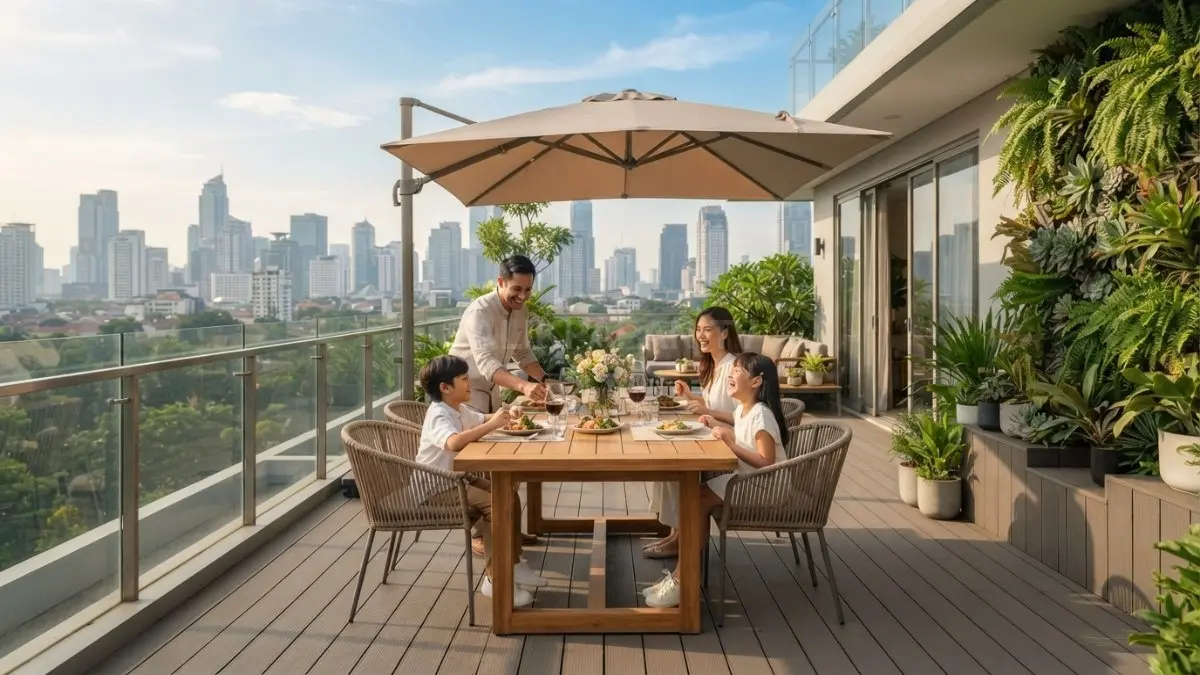 Rooftop rumah minimalis menjadi area makan terbuka nyaman dengan furnitur sederhana dan sirkulasi lega keluarga (BTV/AI)
