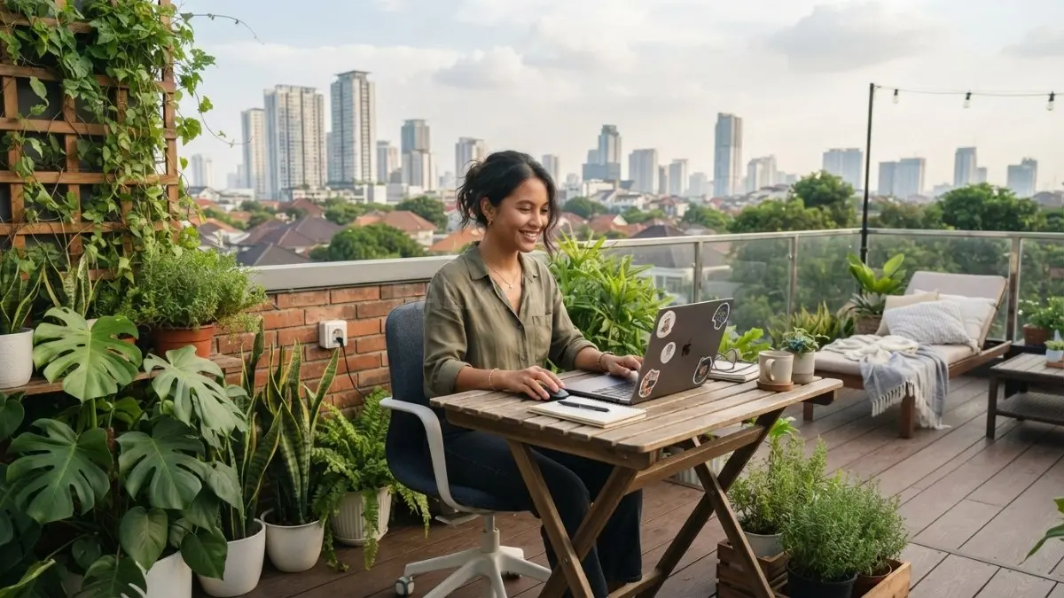 Rooftop rumah minimalis menjadi ruang kerja nyaman dengan tanaman hijau, furnitur praktis, dan suasana menyegarkan alami (BTV/AI)
