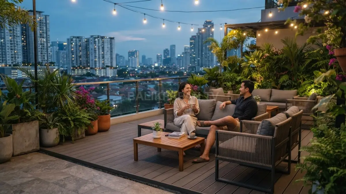 Rooftop rumah minimalis menjadi ruang multifungsi nyaman dengan material tahan cuaca, pencahayaan hangat, dan tanaman hijau (BTV/AI)
