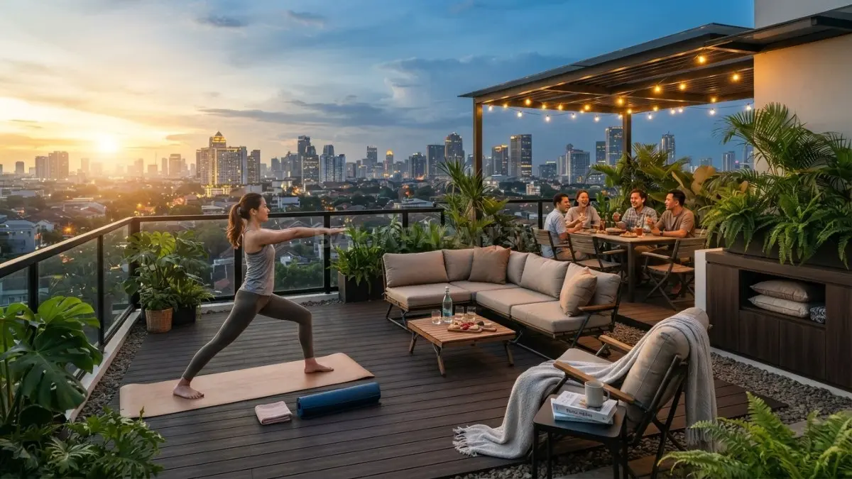 Rooftop rumah minimalis multifungsi menghadirkan ruang santai, olahraga, membaca, dan berkumpul keluarga secara nyaman (BTV/AI)
