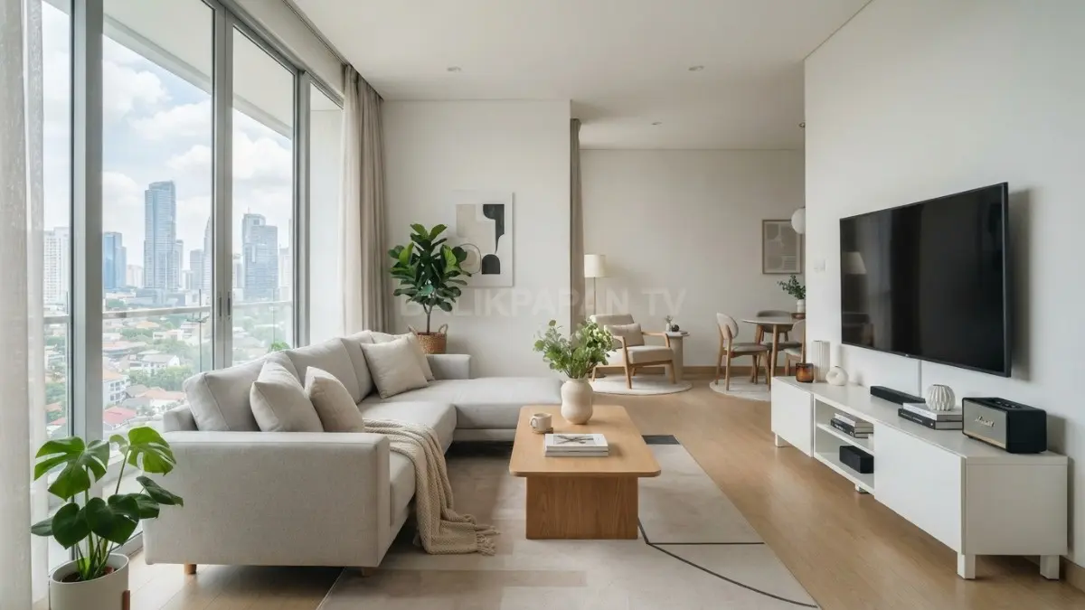 Ruang tamu minimalis dengan warna terang, cahaya alami, dan penataan furnitur yang menciptakan kesan luas. (BTV/AI)