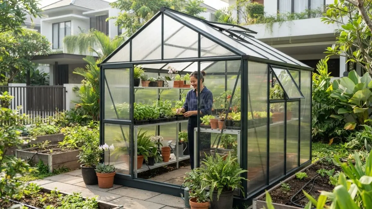Rumah kaca minimalis menghadirkan hunian hijau produktif dengan ventilasi baik, rak tanam, dan desain efisien modern (BTV/AI)
