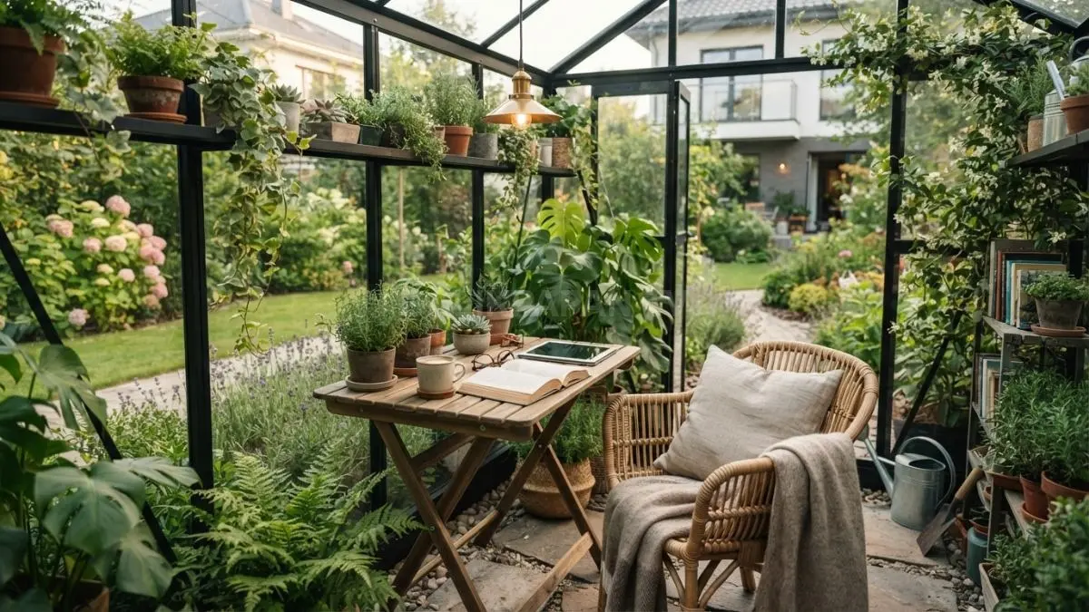 Rumah kaca multifungsi menghadirkan ruang hijau nyaman untuk berkebun, bekerja, membaca, dan bersantai setiap hari (BTV/AI)
