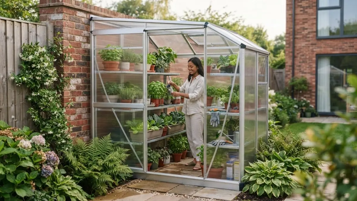 Rumah kaca sudut halaman memaksimalkan lahan sempit untuk tanaman produktif dengan desain minimalis fungsional nyaman (BTV/AI)
