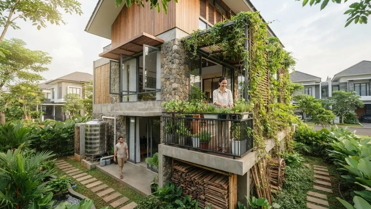 Rumah minimalis berkelanjutan menerapkan eco-architecture, ventilasi alami, material lokal, dan konsep zero-waste modern ramah lingkungan (BTV/AI)
