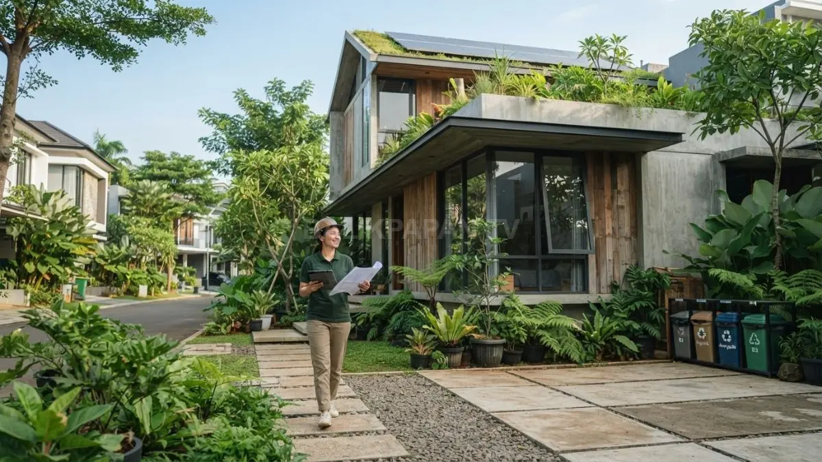 Rumah minimalis berkelanjutan menerapkan eco-architecture, zero-waste, ruang hijau, dan material ramah lingkungan berkualitas tahan lama (BTV/AI)
