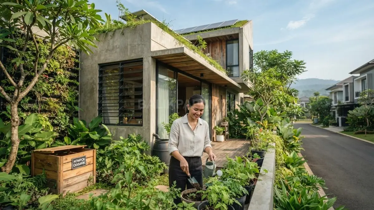 Rumah minimalis berkonsep Eco-Architecture menghadirkan taman hijau, ventilasi alami, dan hunian zero-waste berkelanjutan modern (BTV/AI)
