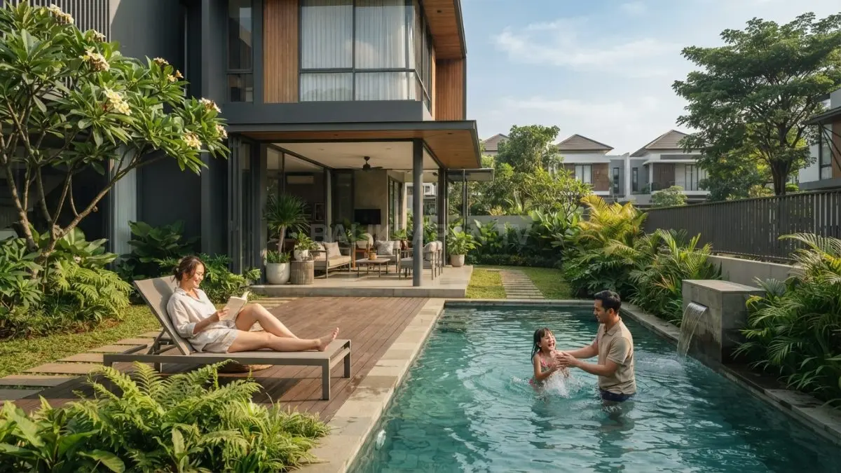Rumah minimalis modern memadukan kolam renang sederhana dan taman hijau menciptakan hunian nyaman serta efisien fungsional (BTV/AI)

