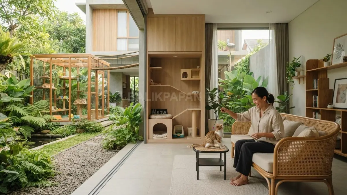 Rumah minimalis ramah hewan memadukan taman hijau, area kucing, kenyamanan penghuni, dan desain harmonis modern (BTV/AI)
