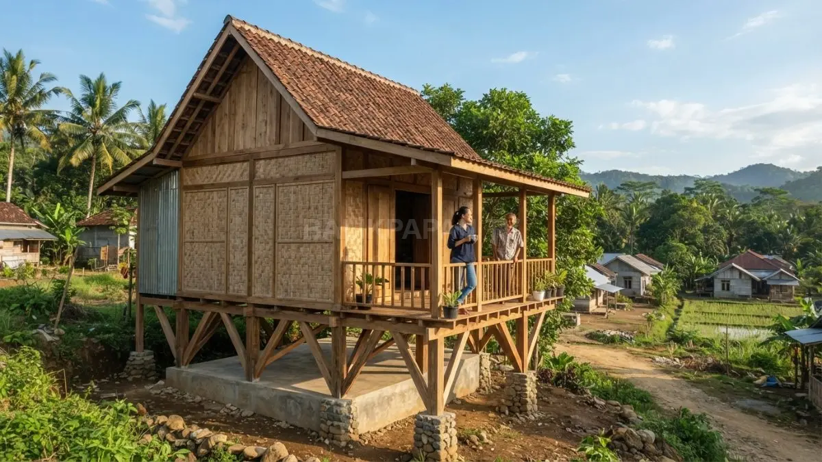 Rumah panggung tradisional Nusantara menunjukkan desain adaptif terhadap gempa melalui struktur ringan dan fleksibel. (BTV/AI)