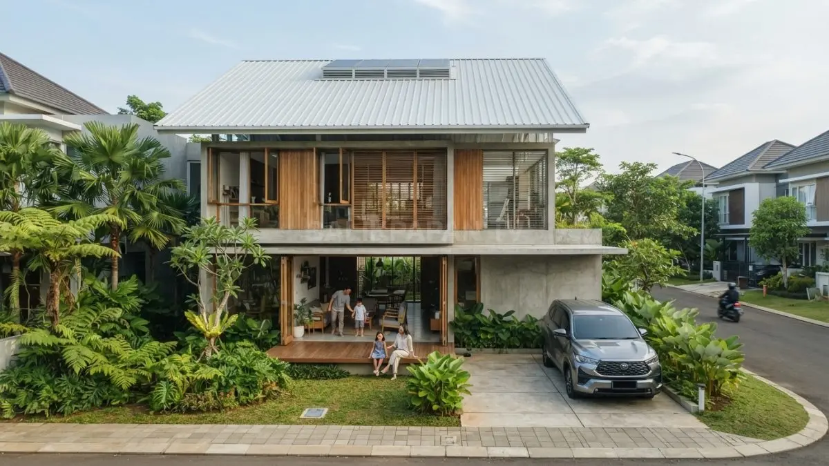 Rumah tropis modern dengan konsep cool roof dan ventilasi alami untuk mengurangi penggunaan AC. (BTV/AI)