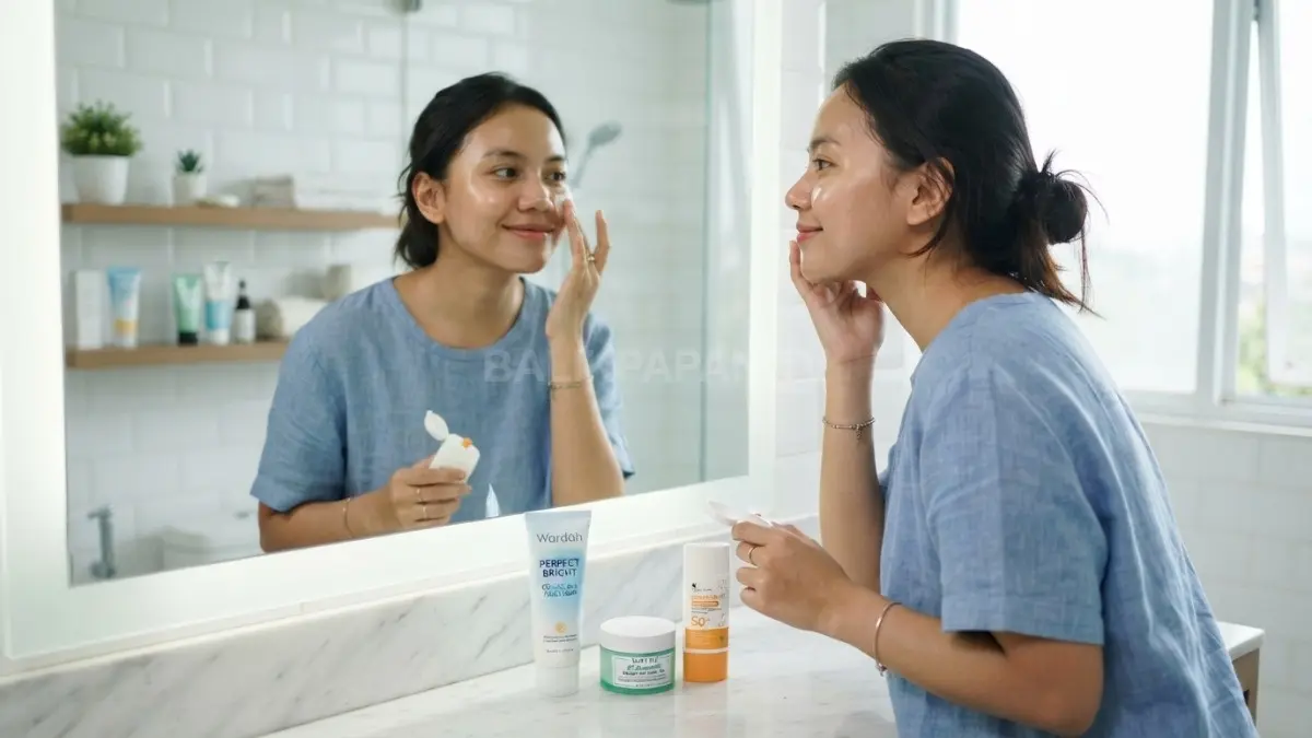 Rutinitas skincare sederhana menggunakan facial cleanser, pelembap, dan tabir surya untuk kulit berminyak. (BTV/AI)