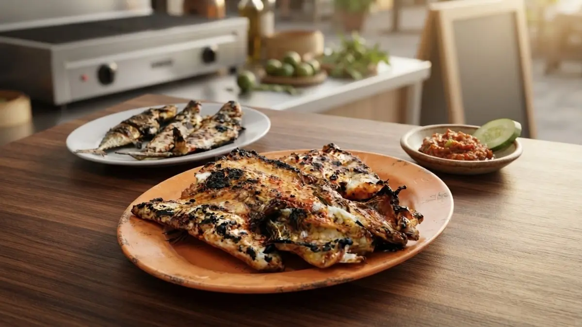 Sajian ikan lais bakar kecap di atas daun pisang, lengkap dengan sambal cobek segar. (BTV/Ai)