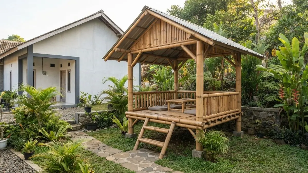 Saung panggung lesehan ini tampil modis dan nyaman, menghindari kelembapan tanah dengan desain kontemporer. (BTV/Ai)