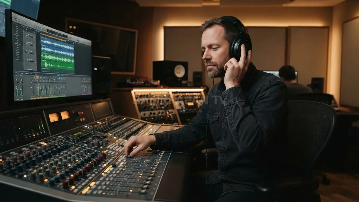 Seorang produser rekaman sedang mendengarkan hasil aransemen audio digital menggunakan headphone berkualitas tinggi di studio. (BTV/Ai)