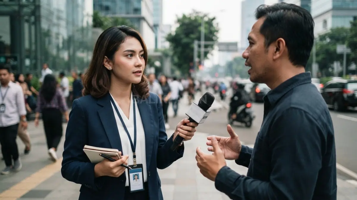 Seorang wartawan muda melakukan wawancara di lapangan sambil mencatat fakta untuk menyusun berita.