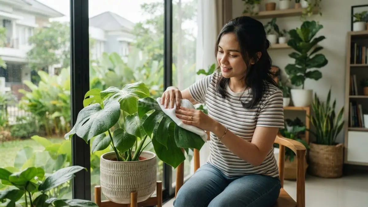 Seseorang membersihkan daun tanaman hias menggunakan kain lembut untuk menjaga kebersihan dan membantu proses fotosintesis. (BTV/AI)