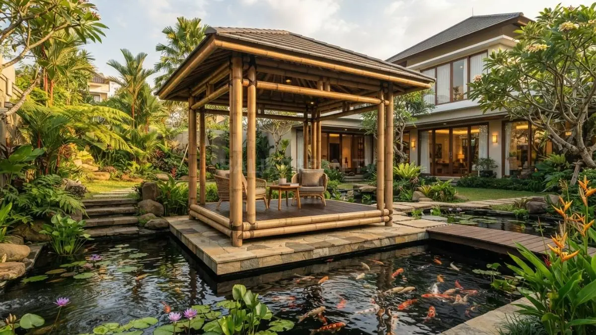 Struktur gazebo bambu minimalis modern berpola kubus berdiri megah di atas kolam ikan halaman belakang rumah. (BTV/Ai)