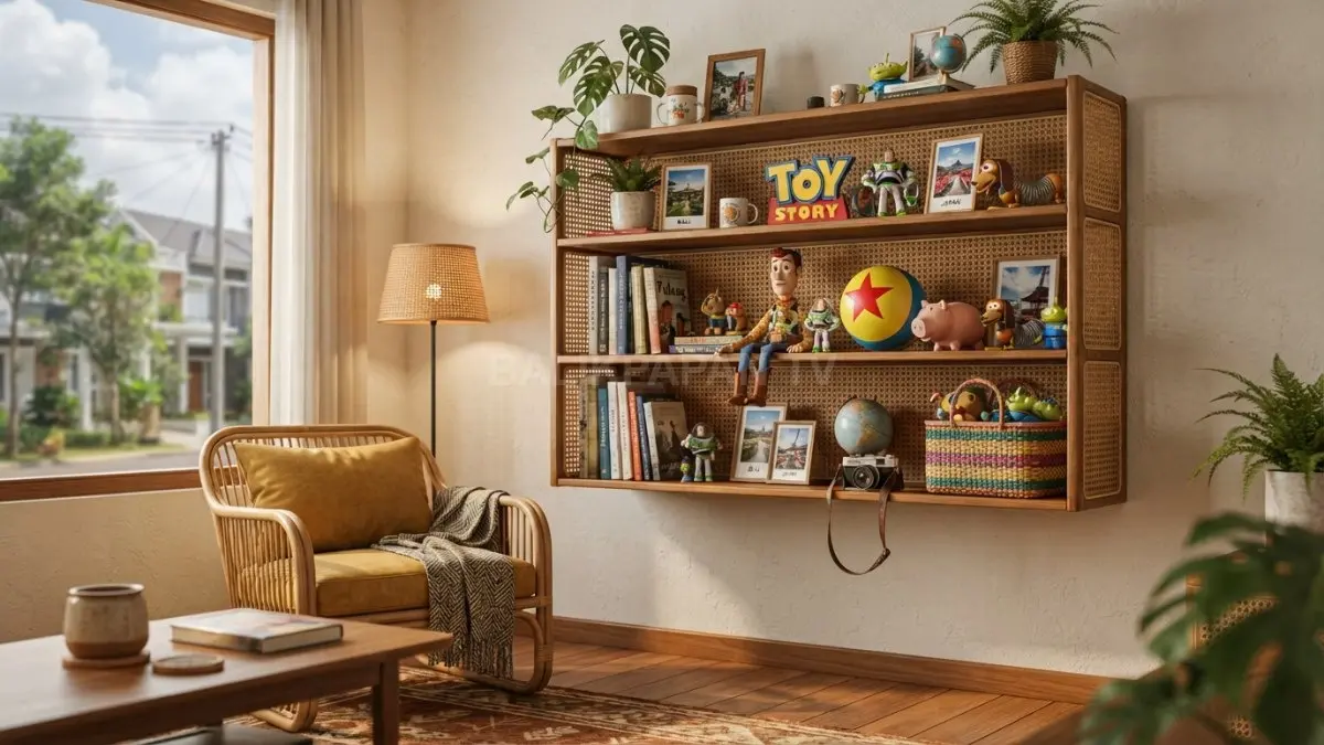 Sudut ruang bernuansa Toy Story menghadirkan warna ceria, dekorasi personal, dan suasana hangat penuh nostalgia. (BTV/AI)