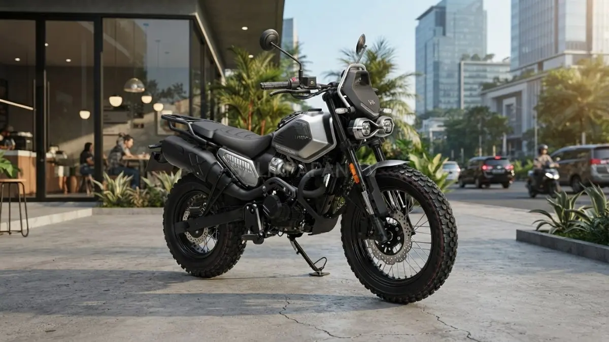 Tampak unit sepeda motor Wmoto Letbe Flygon 250 dengan lampu bulat ganda yang gagah. (BTV/AI) 