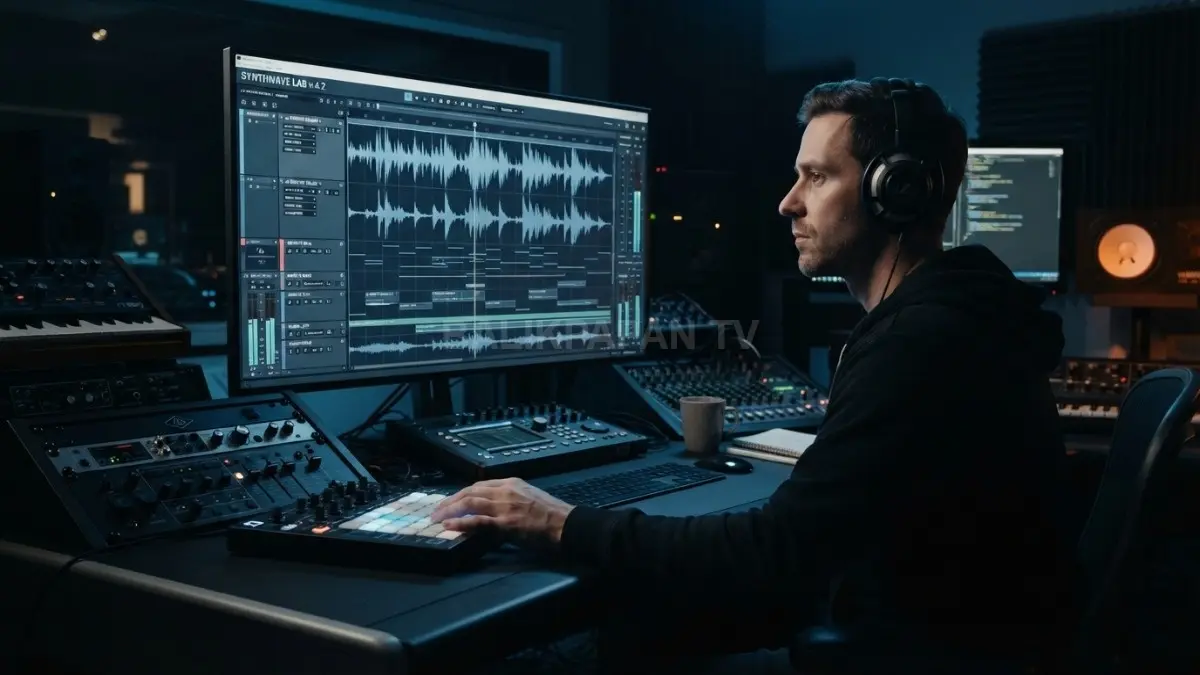 Tampilan layar monitor komputer laboratorium musik yang menampilkan grafik gelombang audio dari program pembuat lagu otomatis. (BTV/Ai)
