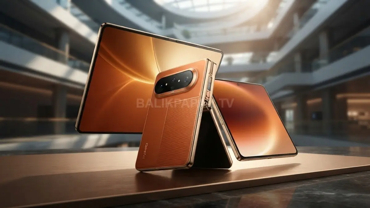 Tampilan mewah Huawei Pura XMAX warna emas yang elegan, memancarkan pesona teknologi premium berkelas. (BTV/Ai)