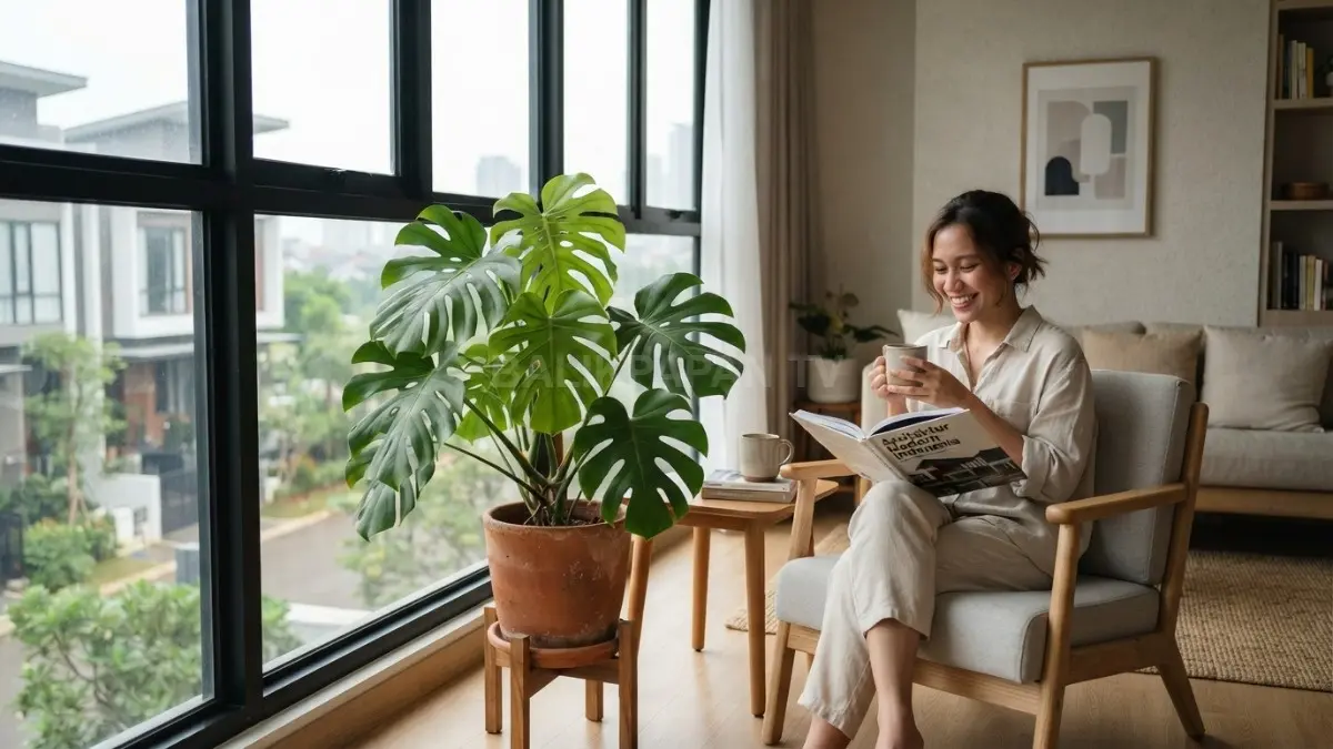 Tanaman monstera diletakkan di dekat jendela dengan cahaya alami tidak langsung di ruang tamu minimalis. (BTV/AI)