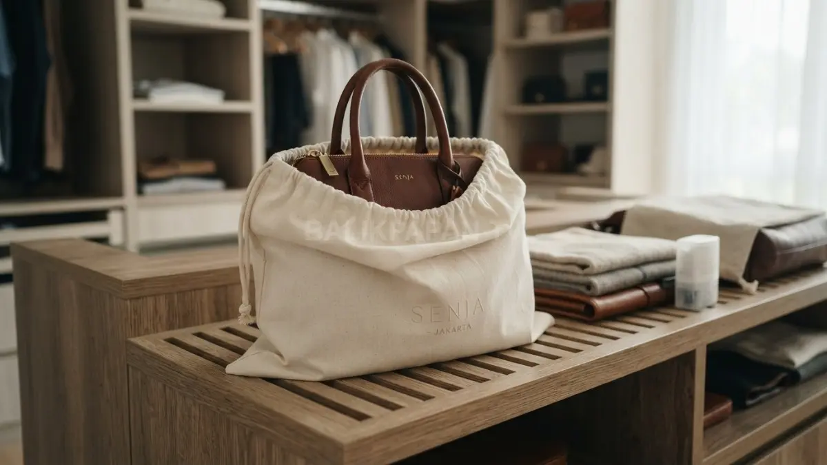 Tas kulit berwarna cokelat disimpan di dalam dust bag pada rak bersirkulasi udara untuk menjaga kualitas material. (BTV/AI)