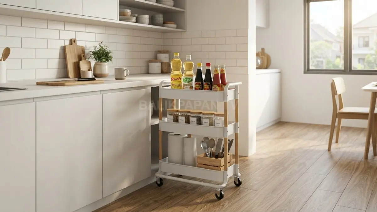 Troli beroda membantu menyimpan perlengkapan dapur sekaligus memudahkan aktivitas membersihkan area memasak bersama keluarga setiap hari. (BTV/AI)