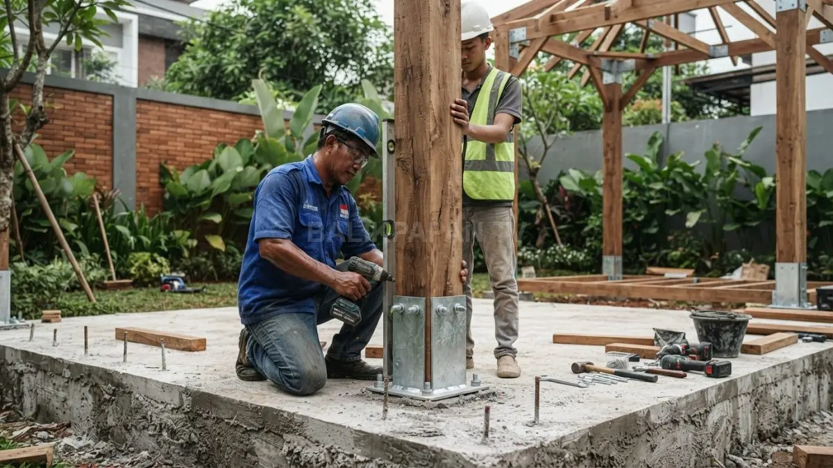 Tukang memasang tiang gazebo kayu menggunakan dudukan baja galvanis di atas pondasi beton. (BTV/AI)