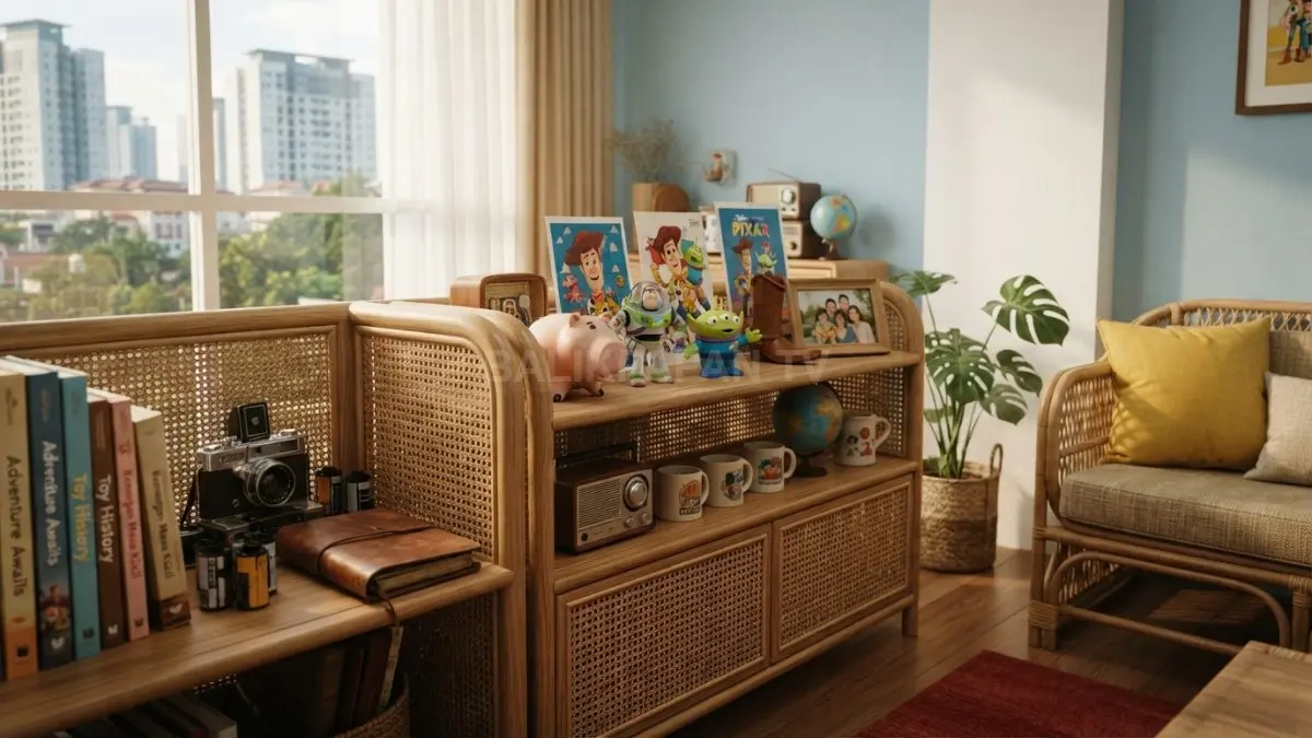 Wallpaper bernuansa Toy Story memadukan warna lembut, dekorasi awan, dan furnitur kayu natural untuk interior modern elegan. (BTV/AI)