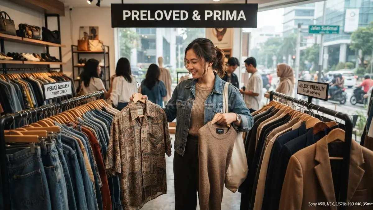 Aktivitas memilih pakaian thrift dan pakaian premium sebagai strategi belanja fashion yang lebih efisien. (BTV/AI)