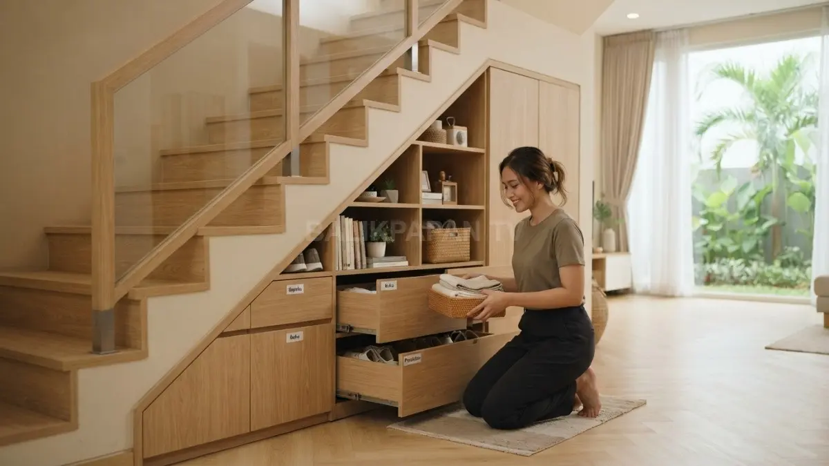 Area bawah tangga rumah Jepang dimanfaatkan sebagai laci penyimpanan multifungsi yang efisien. (BTV/AI)