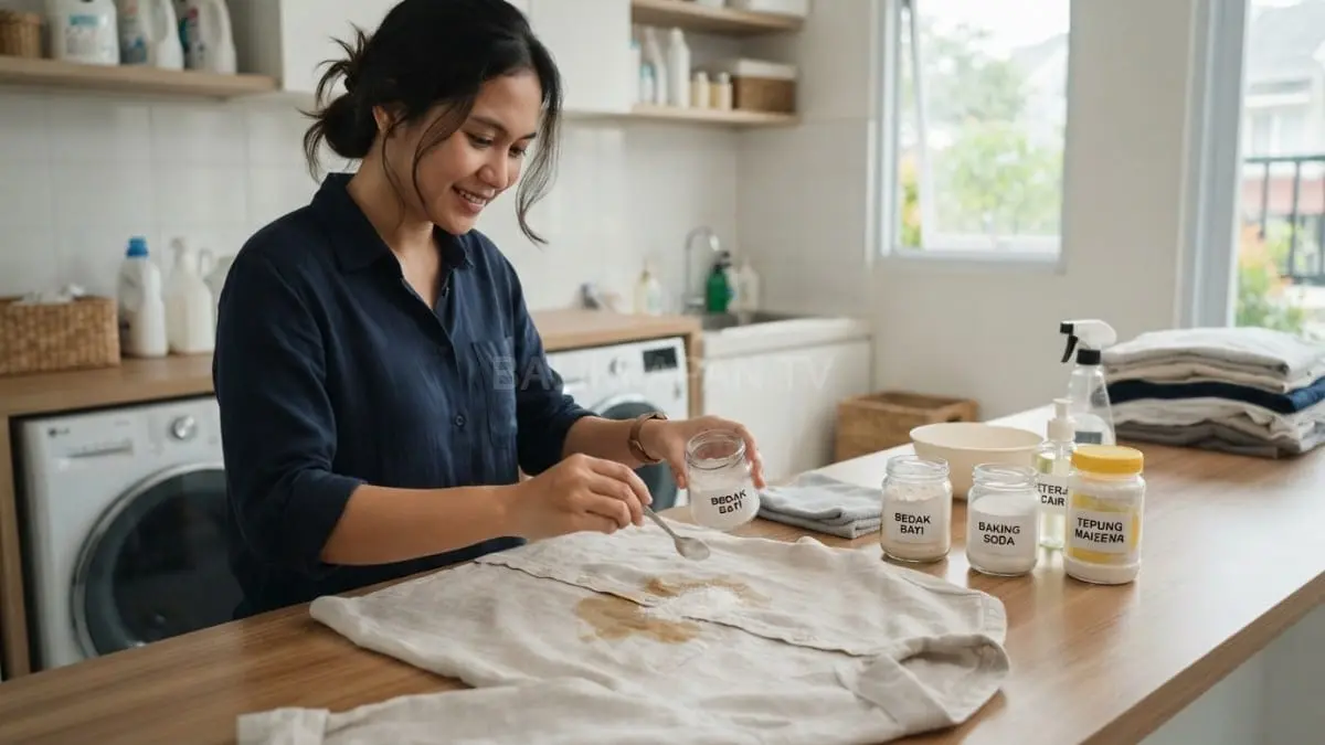 Bedak bayi, baking soda, dan tepung maizena membantu menyerap noda minyak sebelum proses pencucian optimal. [BTV:AI]